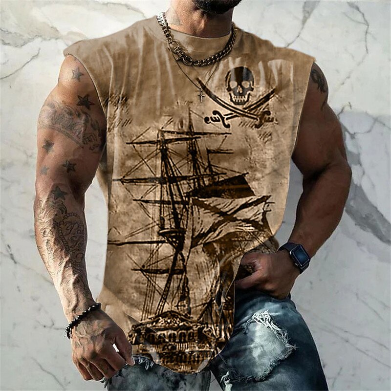 Men's Graphic Ship Nautical Pirate Vest Top Sleeveless T Shirt for Men Sleeveless Cap Sleeve T shirt 3D Print Crew Neck Shirt Fashion Designer Muscle Daily Sports Gym Blue Brown Green Spring & Summer4