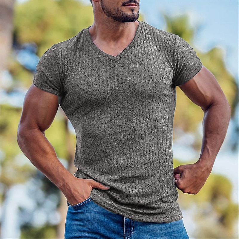Men's T Shirt Muscle Shirt Ribbed Knit tee Short Sleeves V Neck Summer Plain Fashion Streetwear Cool Outdoor Sport Going out Black White Red Top Tee for Men2