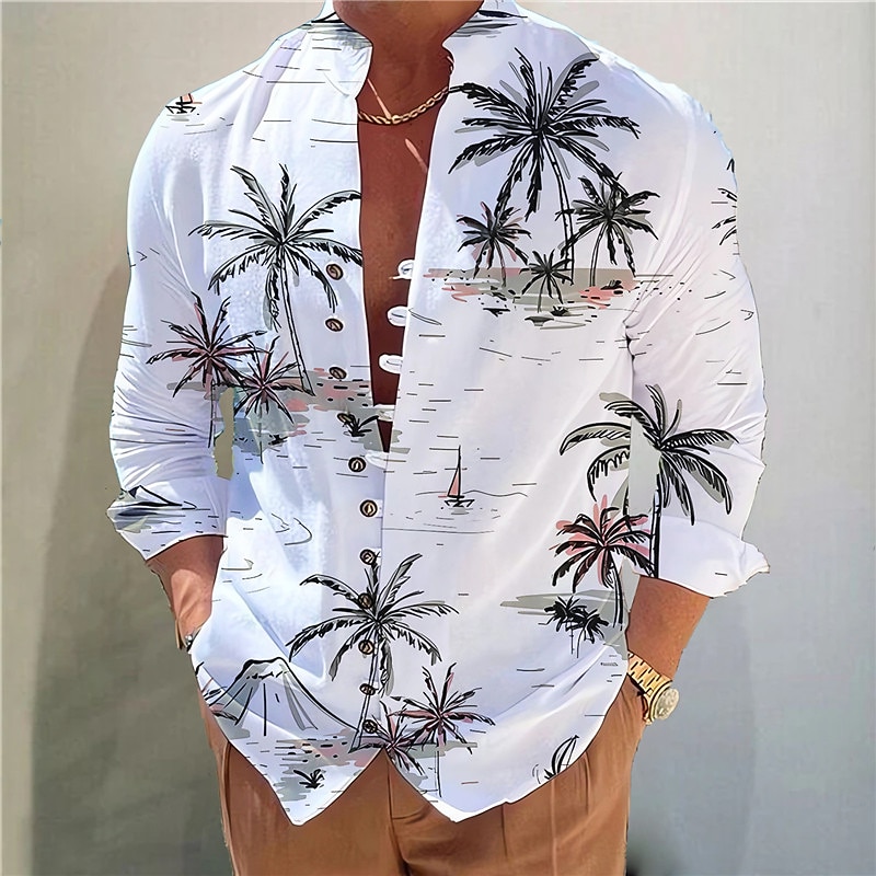 Men's Coconut Tree Tropical Plants Shirt Summer Hawaiian Shirt Aloha Shirt Long Sleeve Shirt Stand Collar Fashion Designer Casual Outdoor Vacation Street Yellow Blue Orange S M L