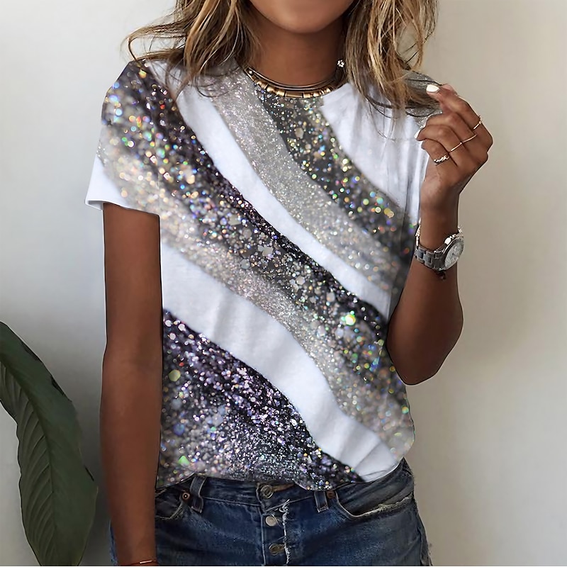 Women's T Shirt Basic Print Short Sleeve Regular Tops Round Neck Daily Weekend Yellow Pink Blue Green Gray