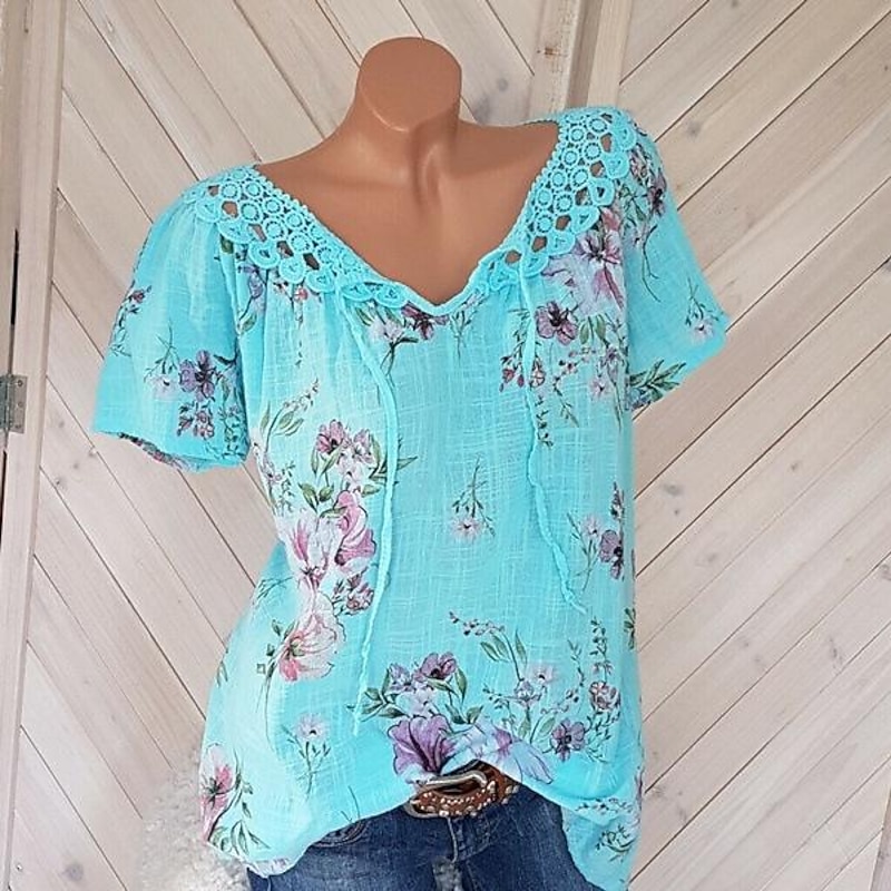 Women's White Elegant Lace Tops Eyelet Blouse Basic Floral Lace up Print Short Sleeve Regular Tops V Neck Casual Romantic Petite Tops Summer Holiday Wear White Pink Blue Orange Green3