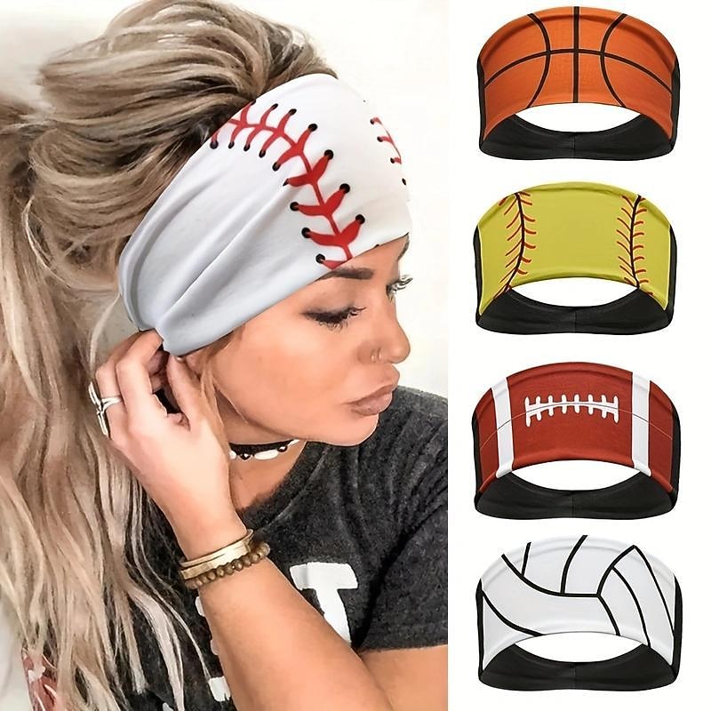 Football/basketball/volleyball/softball Pattern Sports Headband, Sporty Style Stretchy Anti-slip Sweat-absorbing Yoga Fitness Workout Hairband For Women