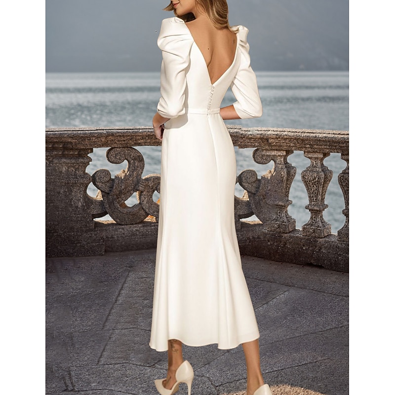 Beach Wedding Bridal Shower Vintage Little White Dress Bridal Shower Dresses Simple Wedding Dresses Sheath Square Half Sleeve Tea Length Satin Bridal Gowns With Solid Color2