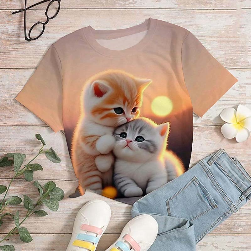 Girls' 3D Graphic Cartoon Cat T shirt Tee Short Sleeve 3D Print Summer Spring Active Fashion Cute Kids 3-12 Years Outdoor Casual Daily Regular Fit
