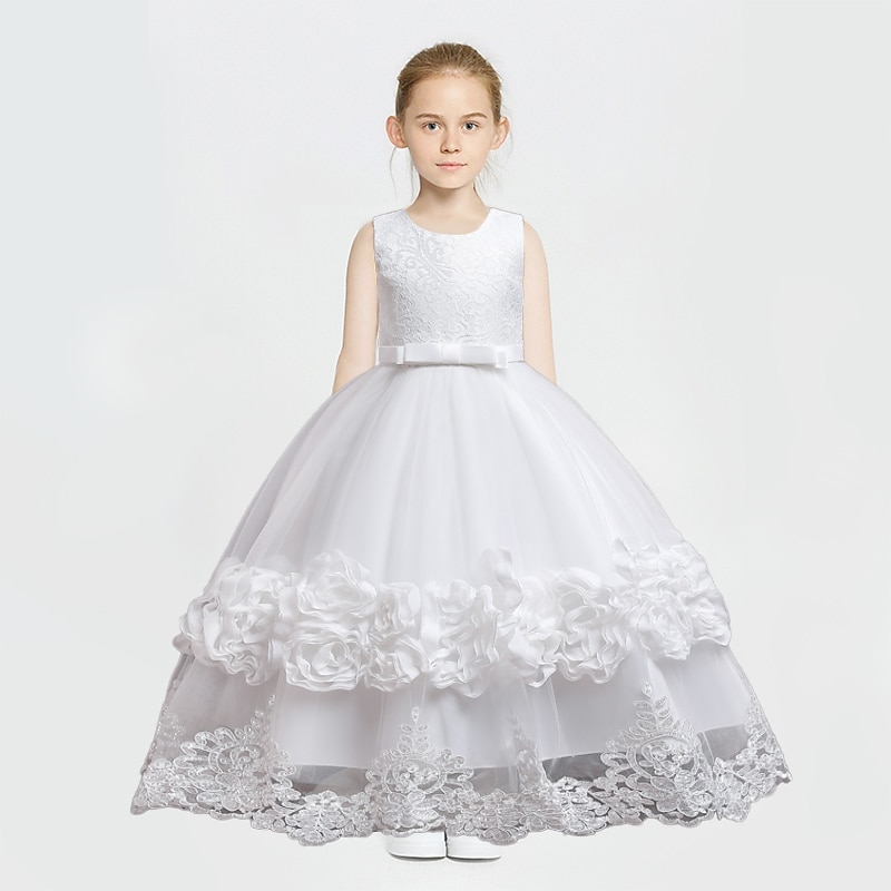 Kids Girls' Flower Girl Dress Party Dress Graphic Flower Sleeveless Wedding Party Christening dress Princess Polyester Flower Girl's Dress Summer 3-10 Years White Wine