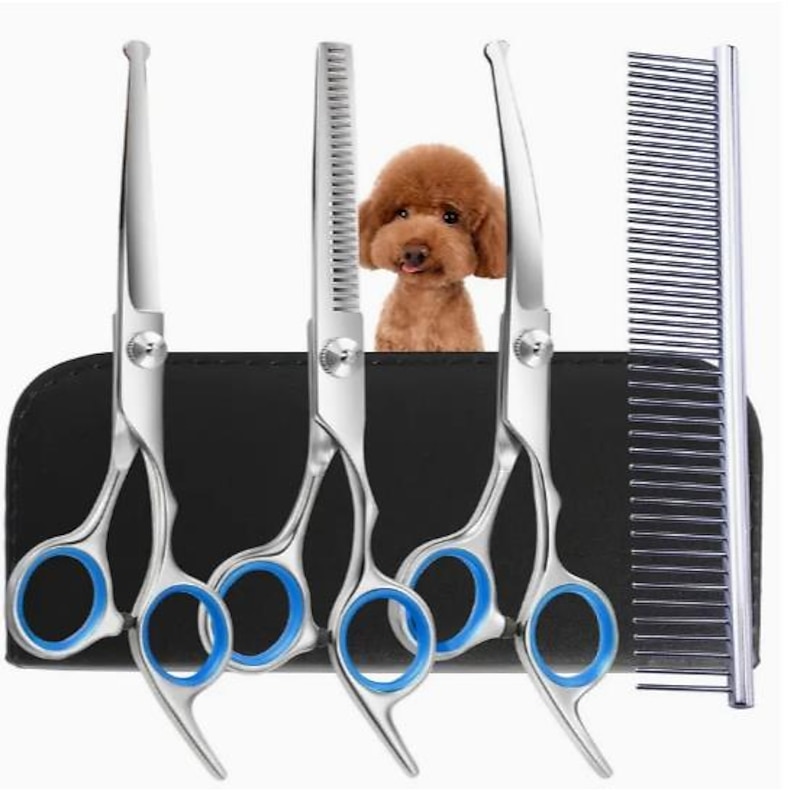 4PCS Dog Grooming Scissors Round Tip Stainless Steel Down-Curved Scissors Thinning Cutting Shears