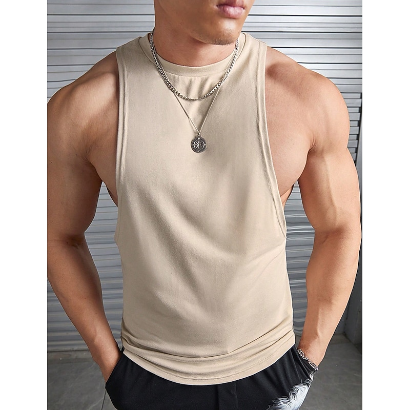 Men's Tank Top Sleeveless Crew Neck Summer Plain / Solid Fashion Designer Muscle Outdoor Going out Gym Khaki Top Tee for Men