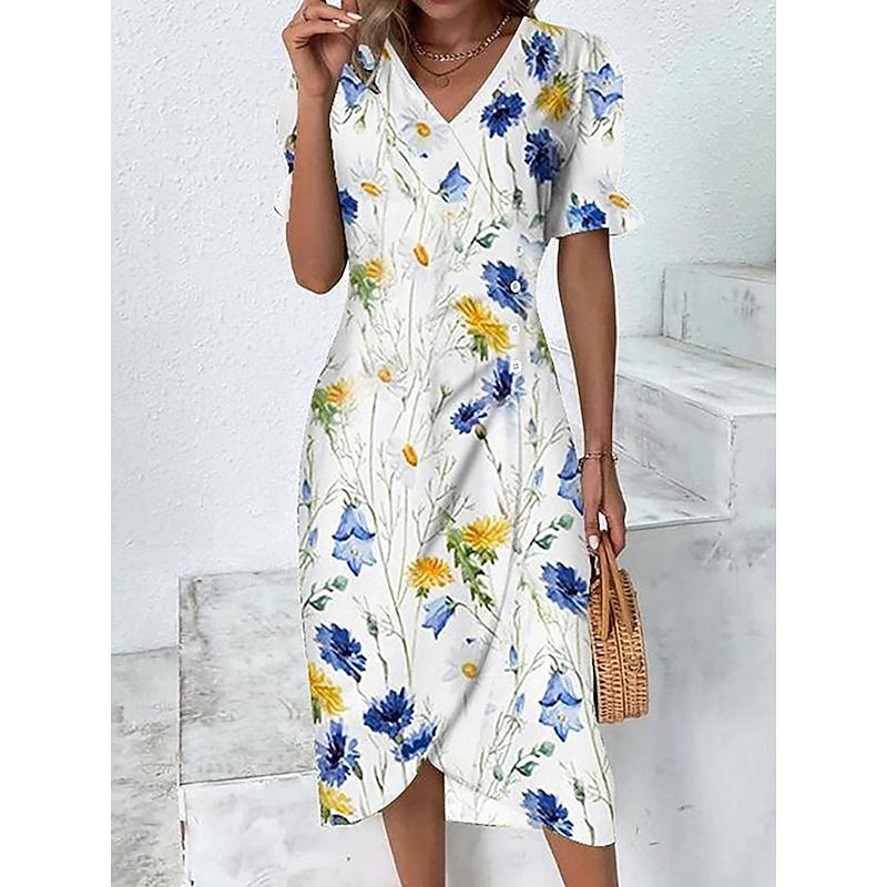 Women's Midi Dress Wrap Dress Elegant Lightweight Puff Sleeve Short Sleeve V Neck Sheath Dress Floral Print Asymmetrical Date3