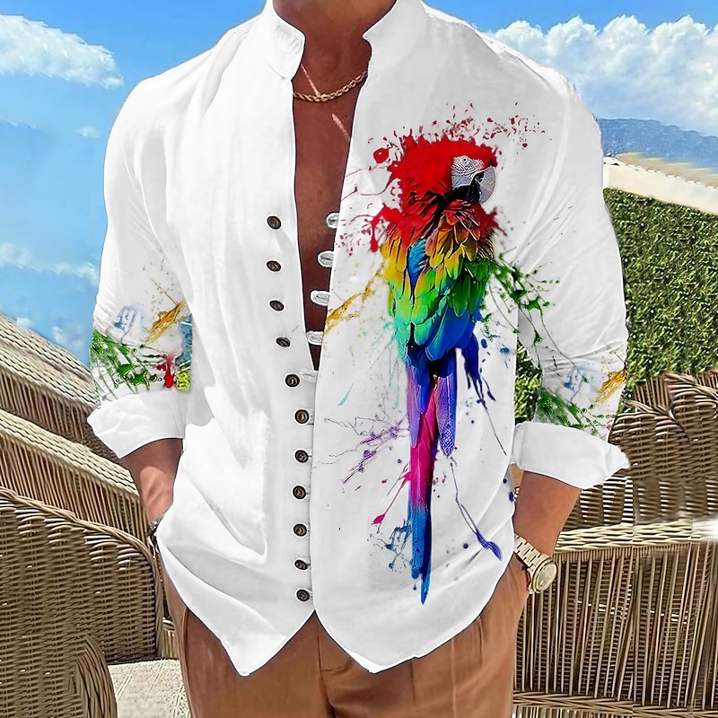 Men's Parrot Shirt Summer Hawaiian Shirt Aloha Shirt Long Sleeve Shirt Stand Collar Fashion Designer Casual Outdoor Vacation Street White Yellow Red S M L