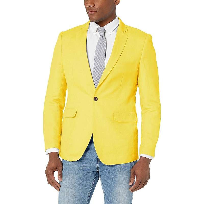 Men's Blazer Jacket Sport Coat Notch Collar Fashion Casual Solid Colored Lake blue White Yellow Tailored Fit Single Breasted One-button3