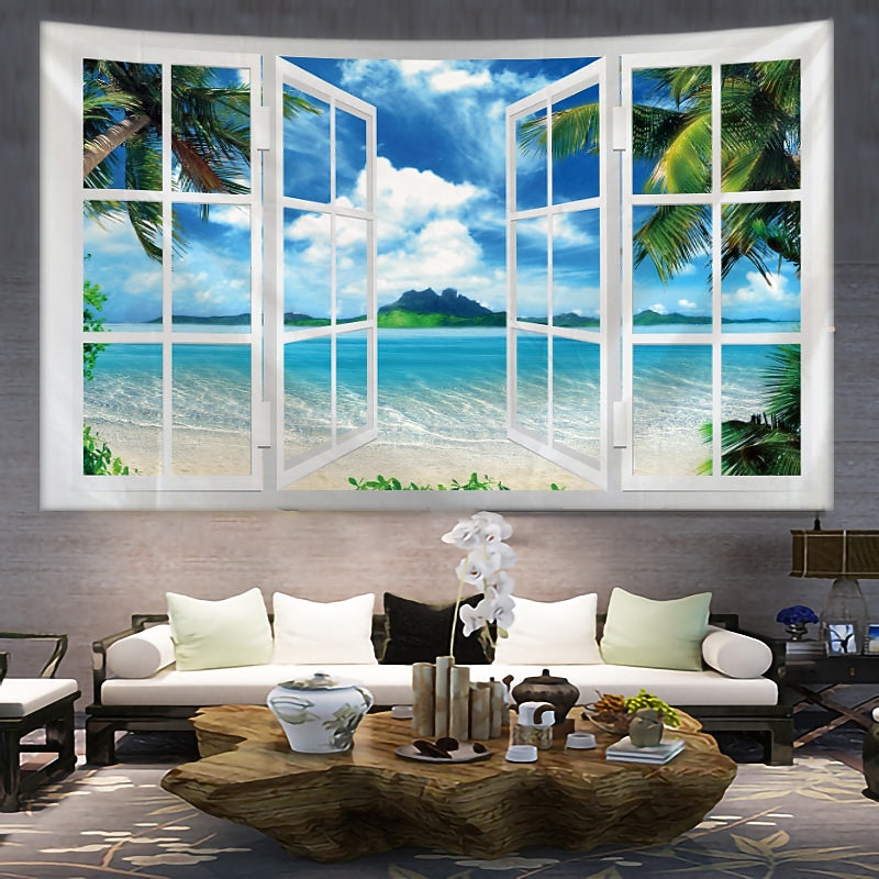 Window Scenery Hanging Tapestry Wall Art Large Tapestry Mural Decor Photograph Backdrop Blanket Curtain Home Bedroom Living Room Decoration