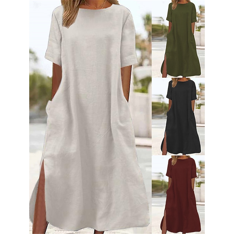 Women's ArmyGreen Black Wine Summer Spring Maxi long Dress Linen-Inspired Dresses Casual Dress Daily Basic Casual Home Daily Beach Loose Fit Plain Crew Neck