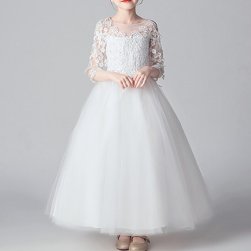 Kids Girls' Flower Girl Dress Dress Party Dress Solid Color 3/4 Length Sleeve Performance Wedding Party Lace Mesh Fashion Adorable Princess Polyester Maxi Lace Dress Party Dress Swing Dress Summer4