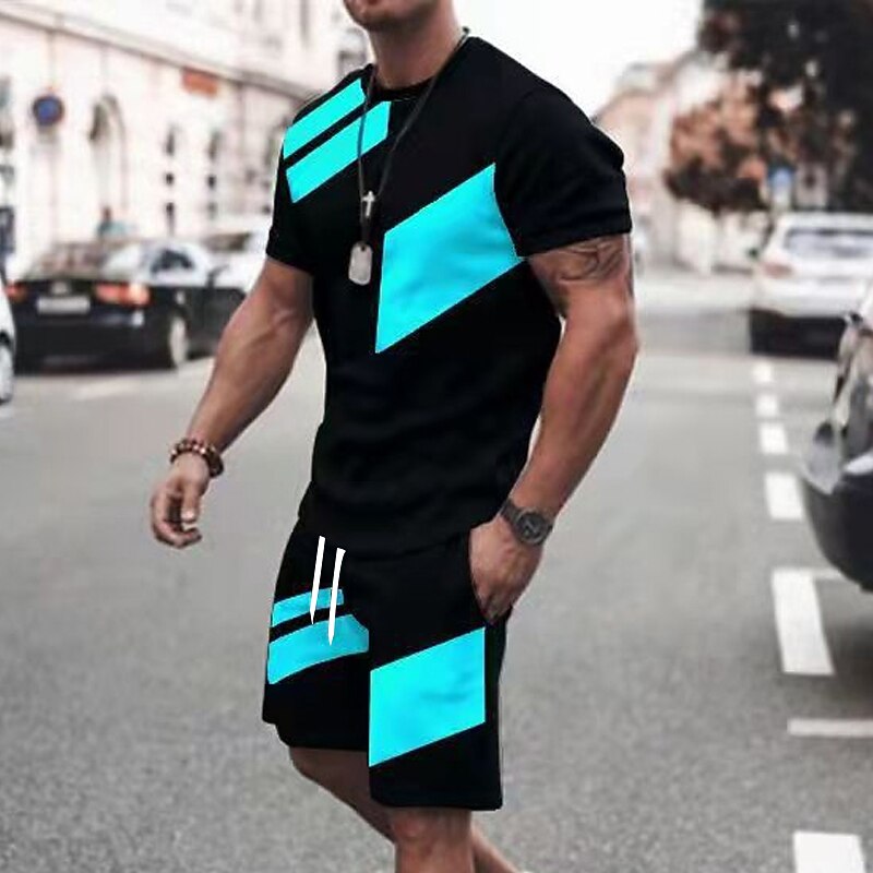 Men's T-shirt Suits Tracksuit Tennis Shirt Shorts and T Shirt Set Short Sleeve Crew Neck Spring & Summer Color Block Sports Fashion Designer 2 Piece Outdoor Street Casual Black Red Blue Top Tee for4