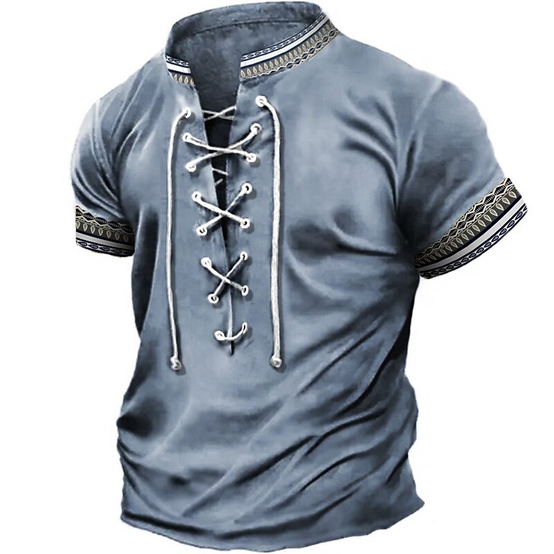 Men's T Shirt Graphic Tribal Stand Collar Clothing Apparel 3D Print Daily Sports Going out Short Sleeve Lace up Print Polyester Vintage Fashion Designer3