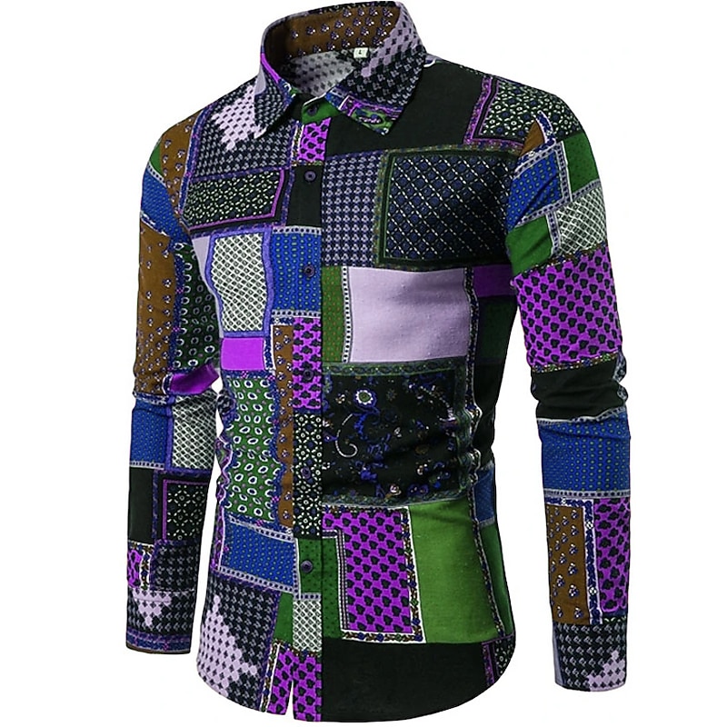 Men's Shirt Button Up Shirt Long Sleeve Designer Boho Daily Going out All Seasons Button Down Collar Print Collared Shirts Light Green Dark Green Purple Rainbow3
