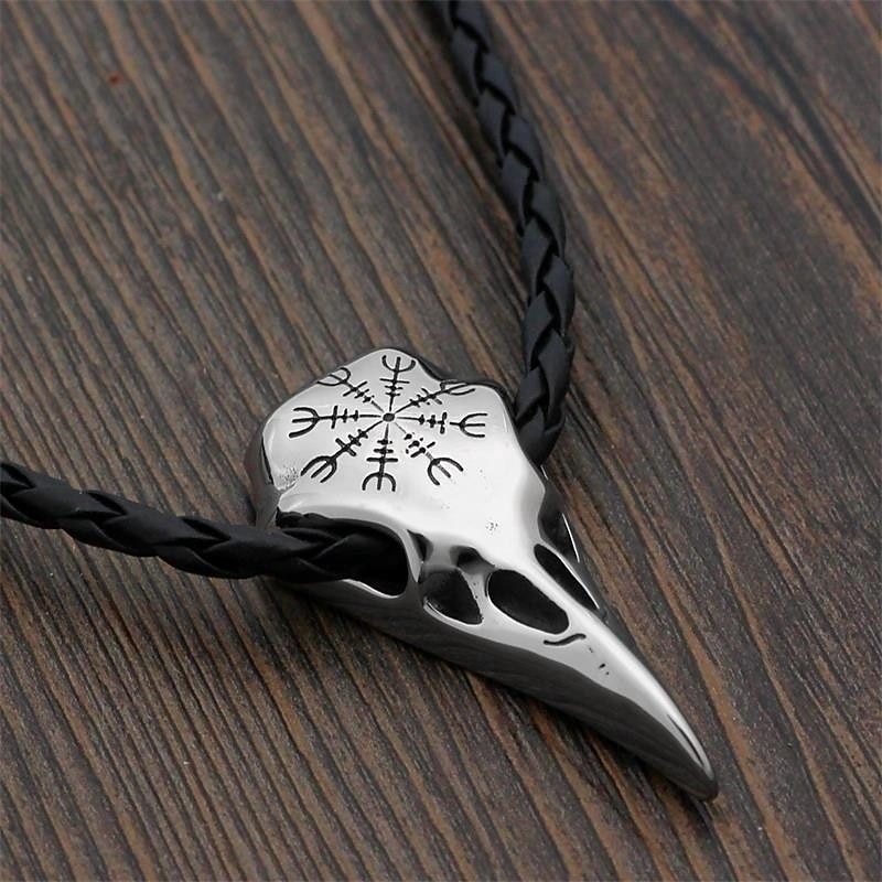 Viking Necklace Crow Skull Pendant Odin Rune Amulet Men's Medieval Pirate Jewelry Retro Vintage