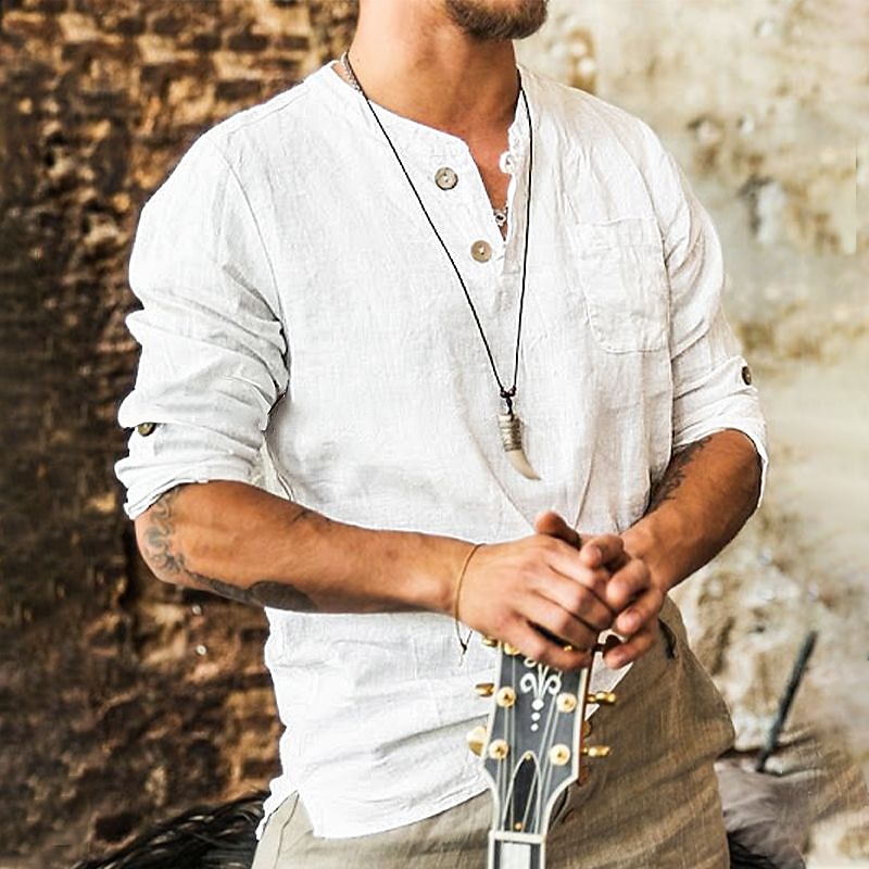 Men's Shirt Linen Shirt Band Collar Shirt Summer Shirt Beach Wear Plain Casual Daily White Blue Khaki Long Sleeve Collar Spring & Summer Clothing Apparel