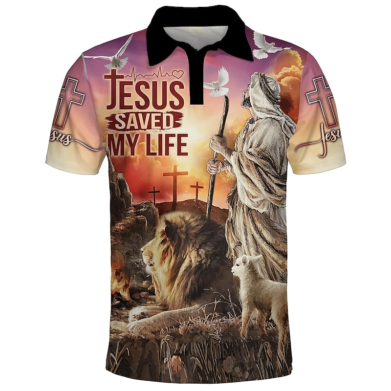 Men's Graphic Prints Easter Jesus Polo Shirt Golf Shirt Short Sleeves Shirt Turndown Outdoor Street Yellow Pink Blue Green Print Button-Down Clothing Apparel Fashion Designer Casual Breathable4