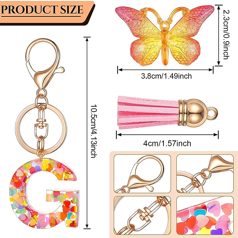 New Exquisite 26 Letter Resin Keychain with Pink Tassel Gradient Butterfly Pendant Key Ring Women Bag Ornaments Accessories Gift3