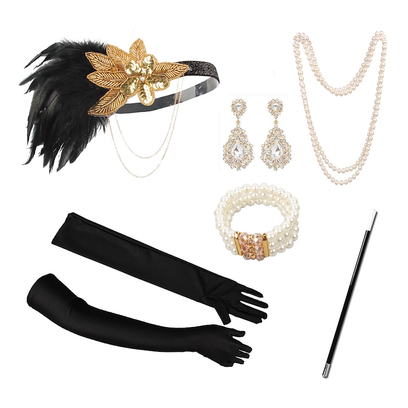 1920s Flapper Accessories Gatsby Costume Accessories Set 20s Flapper Headband Pearl Necklace Gloves Plastic Holder