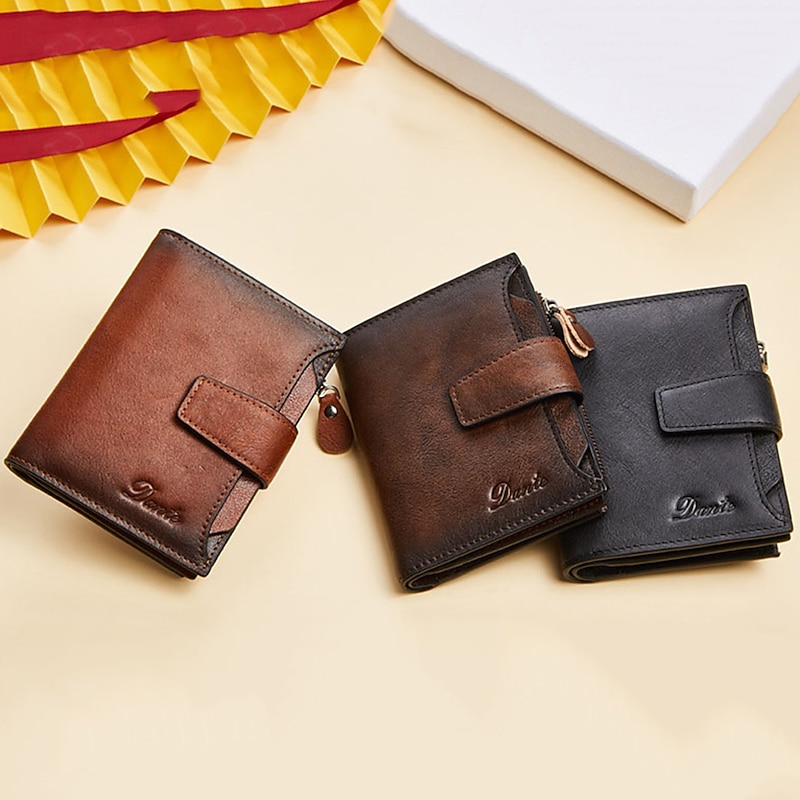 1pc Men's Genuine Leather Wallet Vintage Short Multi Function ID Card Holder RFID Blocking Zipper Coin Pocket Billfold Give Gifts To Men On Valentine's Day3