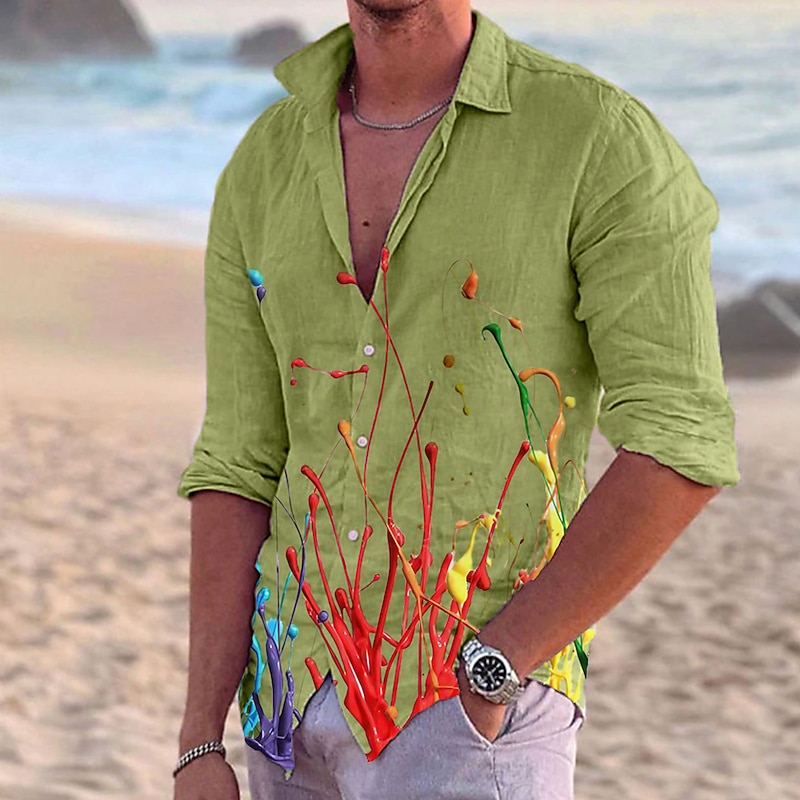 Men's Oil Painting Shirt Button Up Shirt Long Sleeve Fashion Streetwear Designer Outdoor Casual Daily Summer Spring Fall Turndown Print White+Red White Light Green Blue Sky Blue3