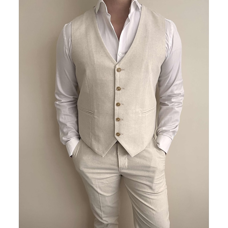 Men's Wedding Linen Suits V Neck Beige Solid Colored Tailored Fit 2 Piece