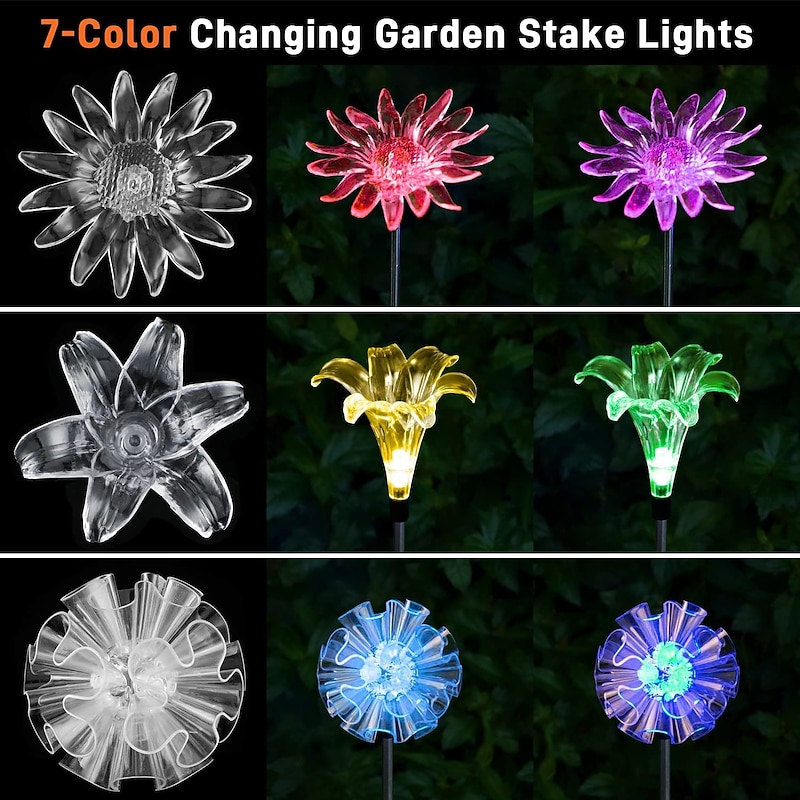 Solar Stake Lights Color Changing Outdoor Multi Color Solar Flowers Yard Lights Waterproof Garden Decor (Dandelion, Lily, Sunflower) Solar Patio Lights Multicolor Changing3