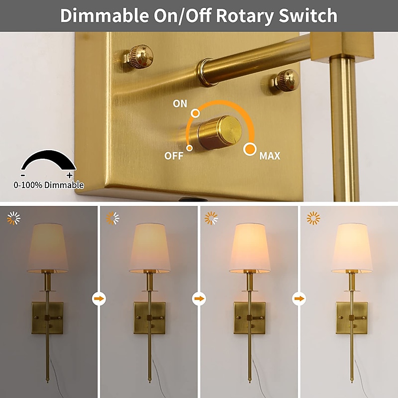 Plug in Wall Sconce Dimmable Wall Sconces 1pcs, White Fabric Shade Wall Lamp with 6Ft Plug in Cord, Indoor Wall Lights Wall Mounted Light Fixture, for Bedroom Living Room Hallway, Gold4