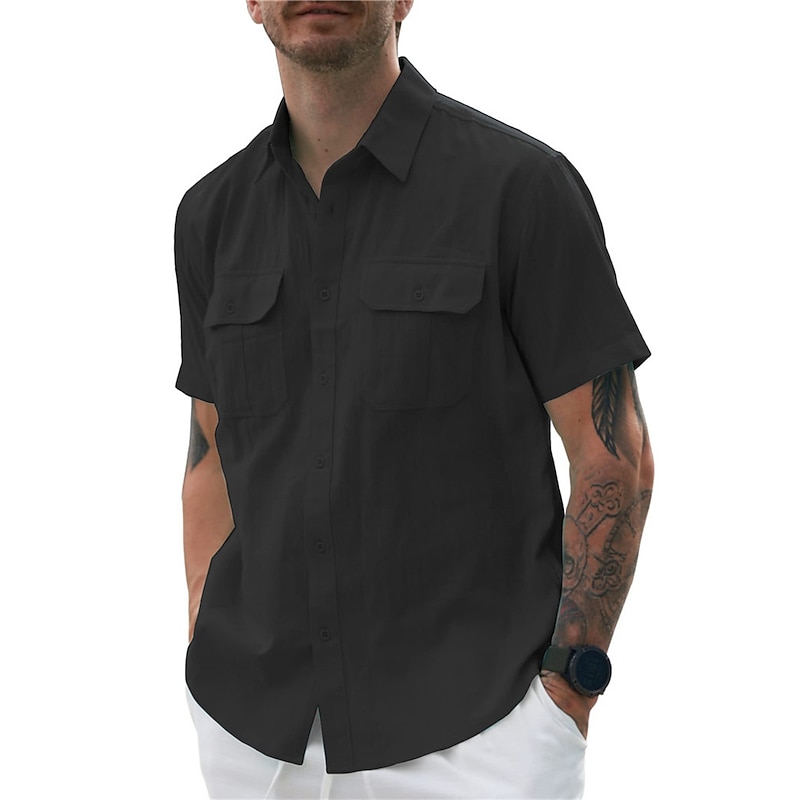 Men's Shirt Summer Shirt Casual Shirt Beach Shirt Button Up Shirt Black White Navy Blue Apricot Gray Short Sleeve Plain Lapel Vacation Daily Front Pocket Clothing Apparel Polyester Fashion Casual4