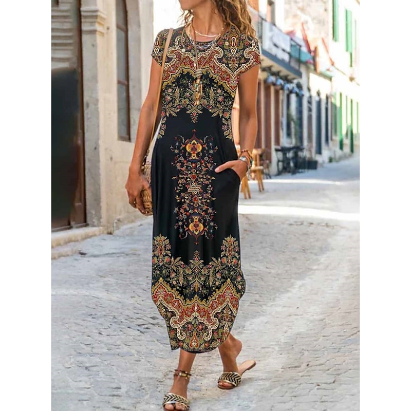 Women's Maxi Dress Casual Dress Vintage Vacation Regular Fit Floral Short Sleeve Crew Neck Black Yellow Khaki Summer