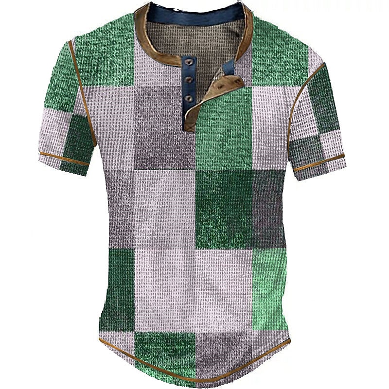 Men's Graphic Plaid Waffle Henley Shirt Short Sleeve 3D Print Fashion Designer Basic Outdoor Daily Summer Blue Sky Blue Red Brown Green Henley Henley T-Shirt3