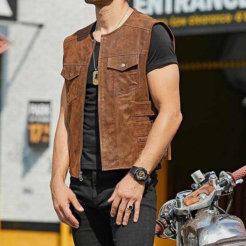 Men's Vest Gilet Daily Wear Vacation Going out Fashion Basic Spring &  Fall Front Pocket Polyester PU Leather Comfortable Plain Zipper Cardigan Crew Neck Regular Fit Black Brown Vest4