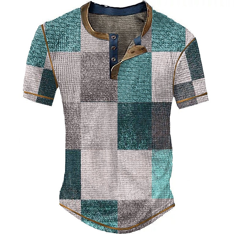 Men's Graphic Plaid Waffle Henley Shirt Short Sleeve 3D Print Fashion Designer Basic Outdoor Daily Summer Blue Sky Blue Red Brown Green Henley Henley T-Shirt2