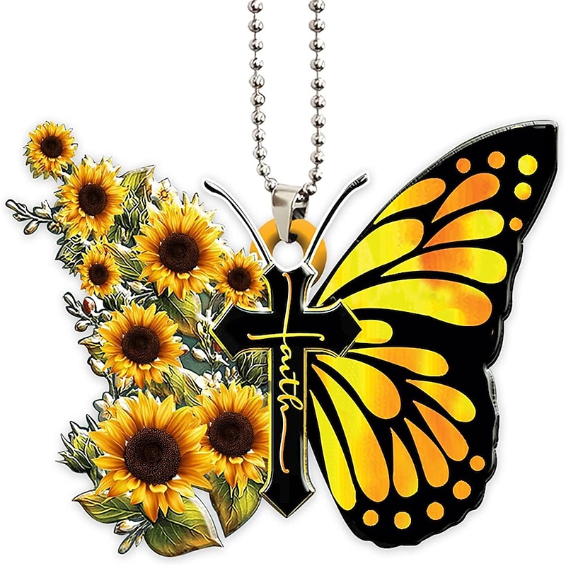 1pc Acrylic Butterfly Cross Pendant Auto Interior Accessories Christmas Tree Hanging Decoration Car Rear View Mirror Ornament Window Wall Decor With Chain3