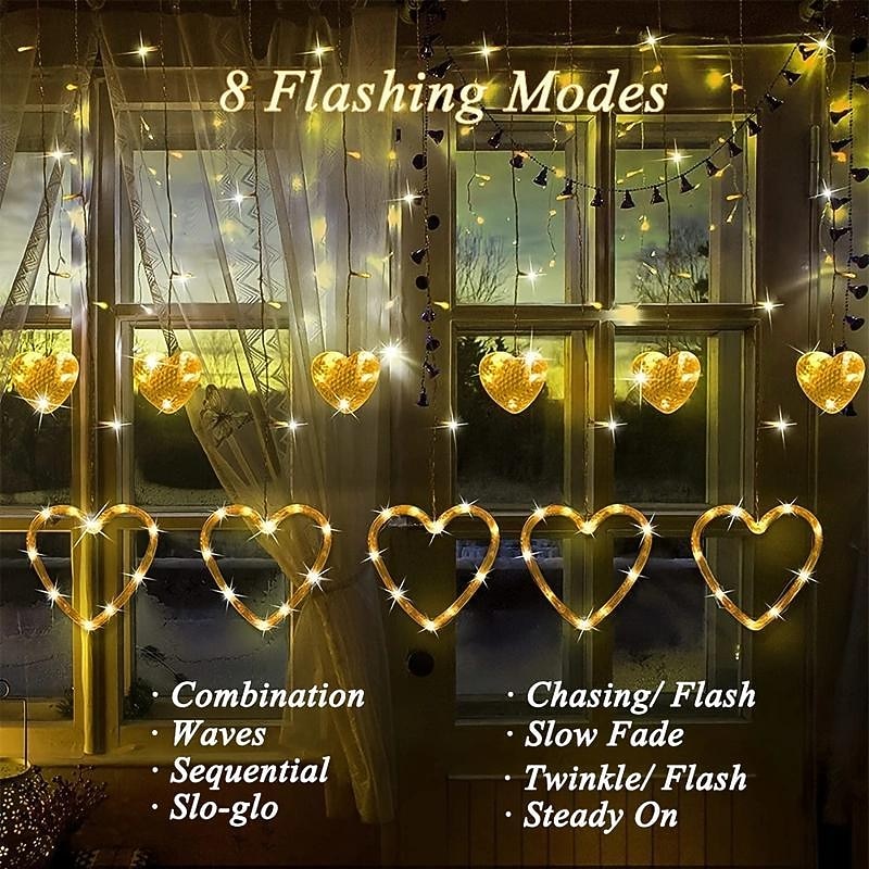 LED Curtain String Lights 126 LED String Light Battery & USB Powered Waterproof Heart Shape Lights 8 Flashing Modes For Girl Valentine's Day Wedding Christmas Restaurant Hotel Window LED Lights3