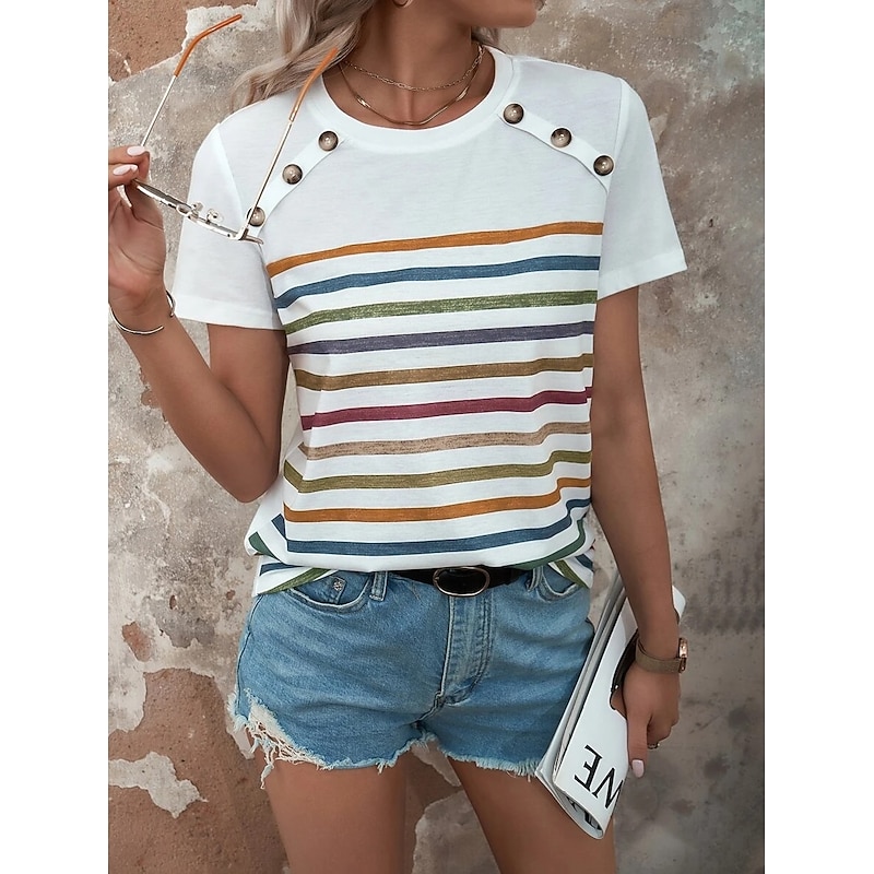 Women's T Shirt Striped Fashion Short Sleeve Round Neck Regular Tops Casual Daily Buttons Print Black White Wine Blue Summer4
