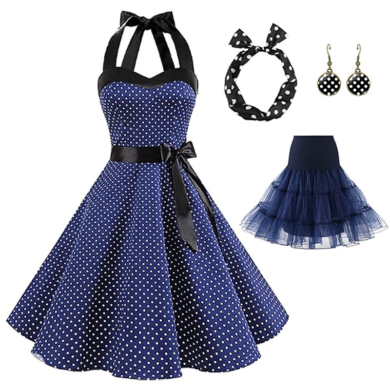 Retro Vintage 1950s Grease Outfits Rockabilly Petticoat Hoop Skirt A-Line Dress Tutu Polka Dot Fancy Dress Women's Party / Evening Masquerade Adults' Dress Earrings Headwear Spring & Summer4
