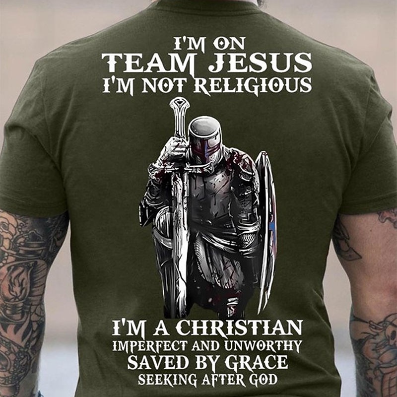 Men's Christian Graphic T-Shirt: Team Jesus, Not Religious, Saved by Grace Knight Tee2