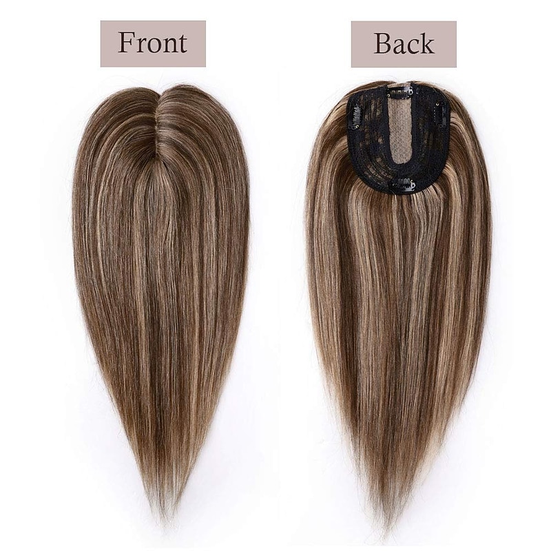 6 Inch 100% Remy Human Hair Silk Base Top Hairpiece for Women Clip in Topper Hand-made Top Toppee Hair piece 120% Density Middle Part with Thinning Hair #4P27 Medium Brown&Dark Blonde 27g2