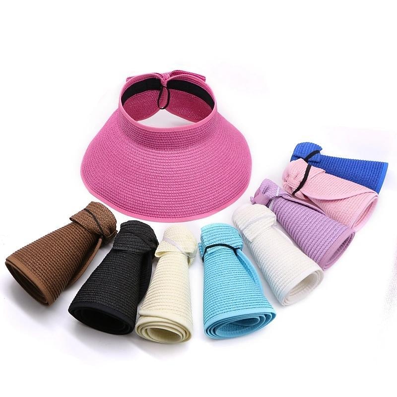 Sun Visor Hats for Women Wide Brim Straw Roll-Up Ponytail Summer Beach Hat UV UPF Packable Foldable Travel Summer2