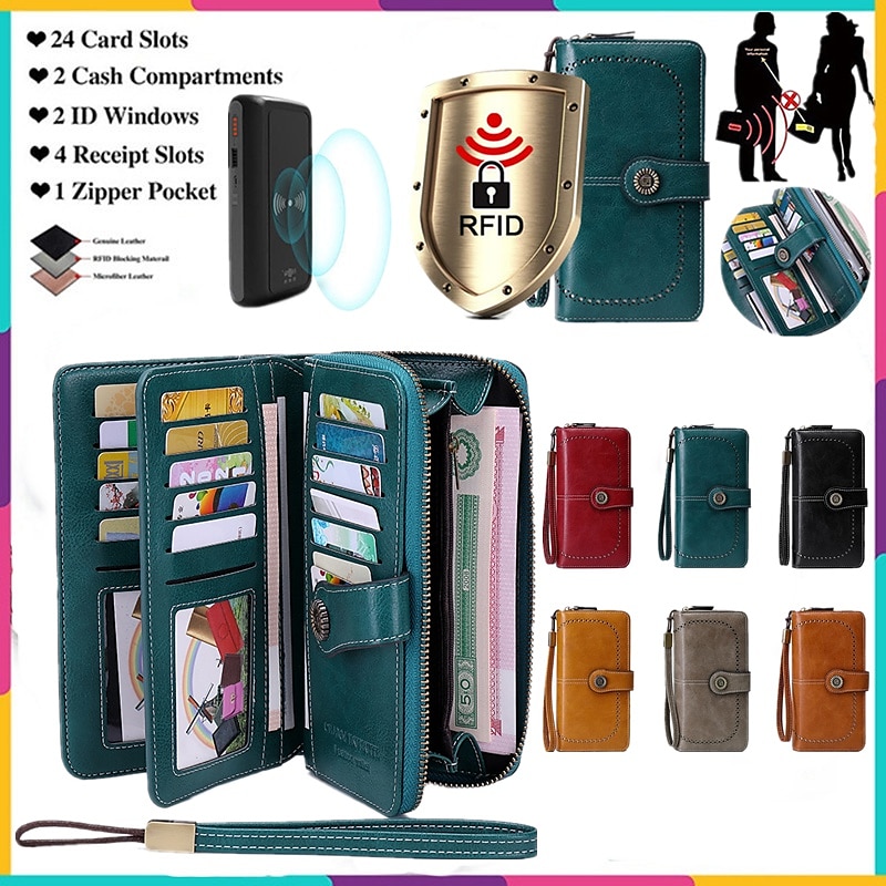 Women's RFID Blocking Faux Leather Wallet – Large Capacity Zipper Clutch with 24 Card Slots & Wrist Strap - Main Image