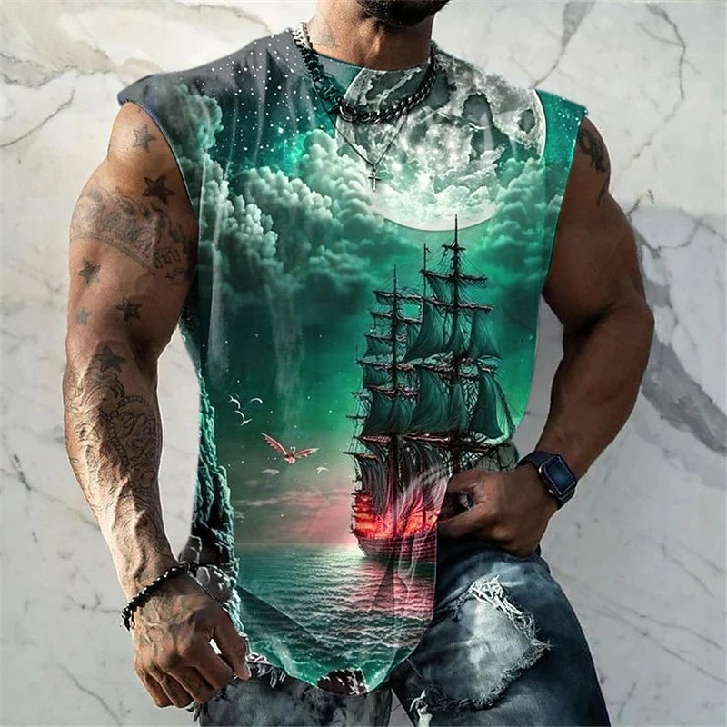 Men's Graphic Cloud Ship Nautical Vest Top Sleeveless T Shirt for Men Sleeveless Cap Sleeve T shirt 3D Print Crew Neck Shirt Fashion Designer Muscle Daily Sports Gym Red Blue Purple Spring & Summer4