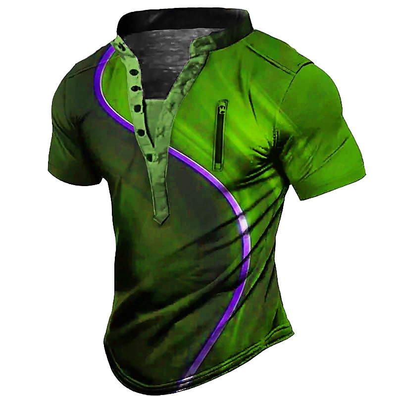 Men's Graphic Color Block T Shirt Henley Shirt Vintage Shirt Short Sleeve 3D Print Fashion Designer Casual Outdoor Daily Sports Summer Black / Green Pink Red Navy Blue Blue Stand Collar Henley T-Shirt