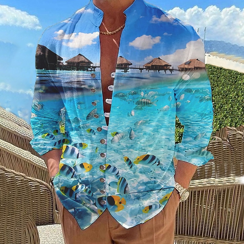 Men's Graphic Prints Fish Beach Shirt Long Sleeve Shirt Stand Collar Outdoor Vacation Red Blue Purple Green Print Clothing Apparel Fashion Designer Casual Comfortable