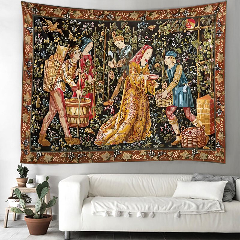 Medieval Painting Tapestry Middle Age Tapestry Grape Harving Wall Art Large Tapestry Mural Decor Photograph Backdrop Blanket Curtain Home Bedroom Living Room Decoration2