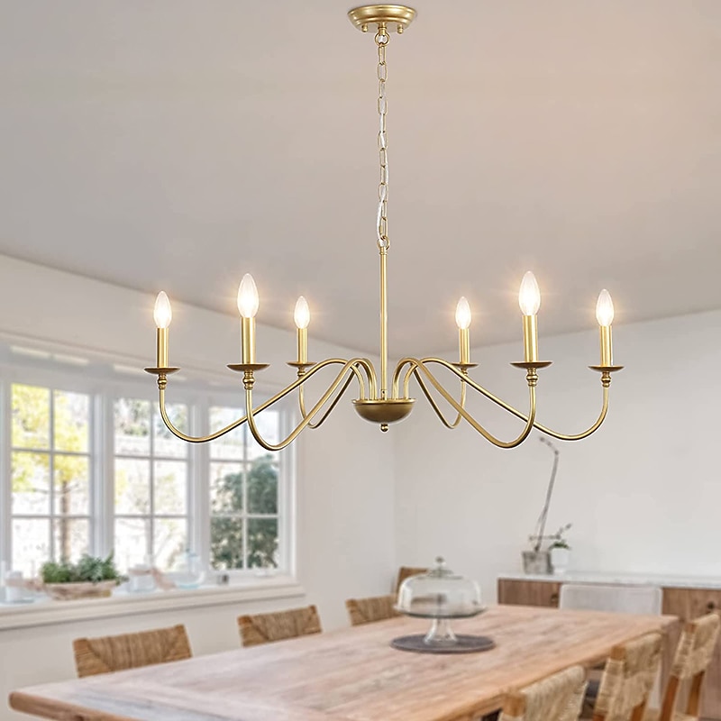 Gold Chandelier 6-Light Modern Brass Farmhouse Chandelier Wrought Iron Classic Candle Ceiling Pendant Light Fixture for Dining Room Living Room Kitchen Island Entry Stairwell, Dia 35