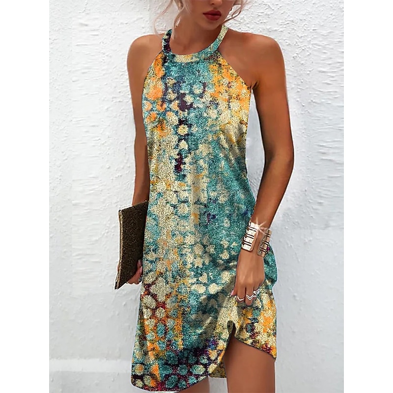 Women's Mini Dress Petite Dress Sundress Summer Dress Halter Neck Dress Active Fashion Streetwear Outdoor Vacation Daily Regular Fit Floral Sleeveless Halter Neck Light Green Royal Blue4