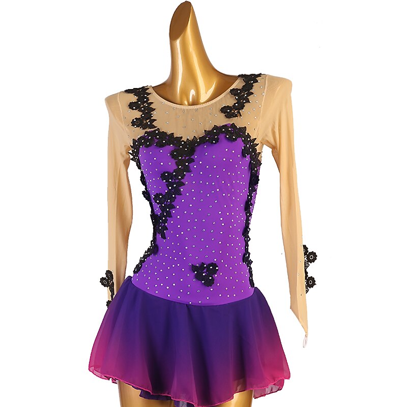 Figure Skating Dress Women's Girls' Ice Skating Dress Violet Patchwork Open Back Mesh High Elasticity Training Competition Skating Wear Classic Sleeveless Ice Skating Figure Skating3